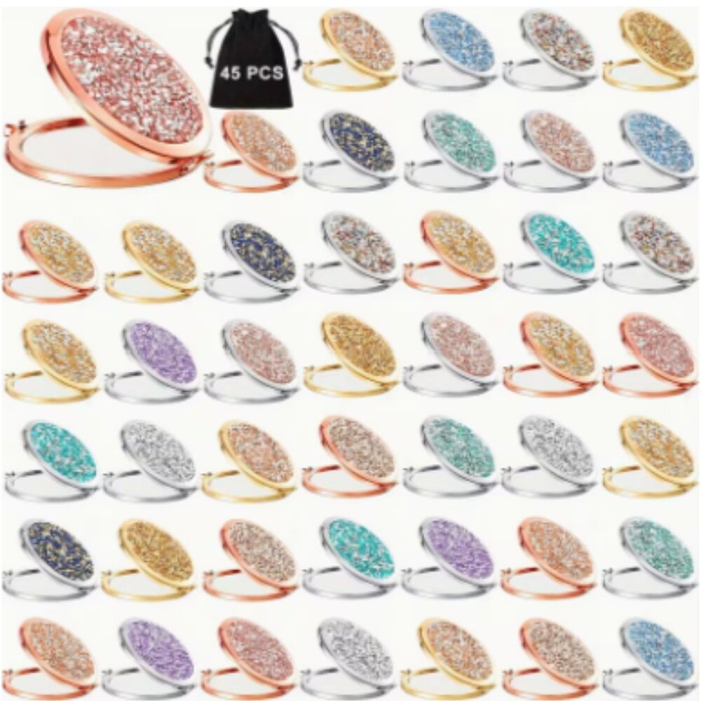 Compact Round Folding Rhinestone Hand Held Pocket Cosmetic Magnifying Mirror NEW